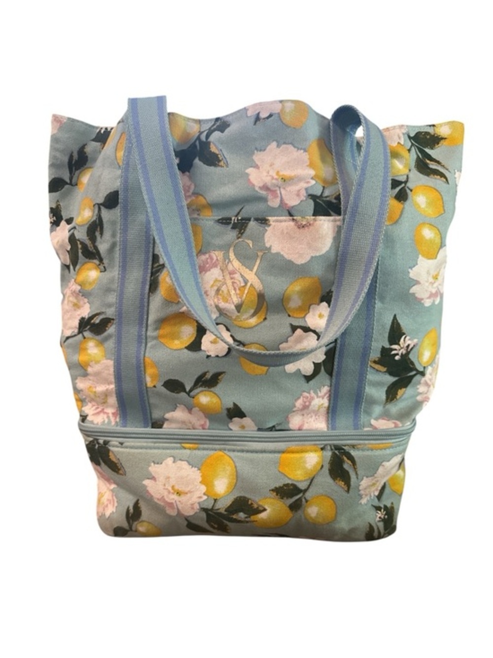 Floral Lemon Print Insulated Tote Bag in Light Blue Cooler Beach Bag Poolside